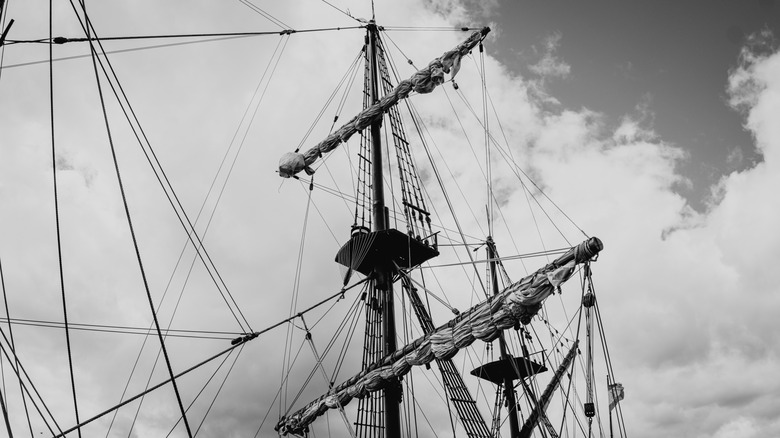 A close-up of rigging on a replica 16th-century sailing ship