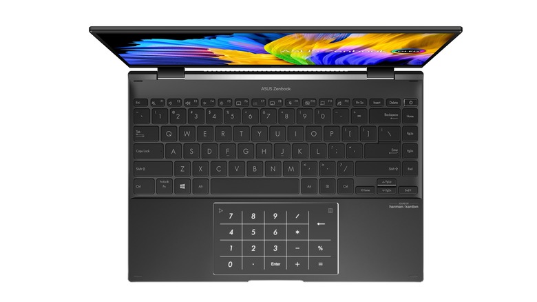 A top view of the ASUS Zenbook 14 Flip OLED from the top showing the secondary touchpad/display. 