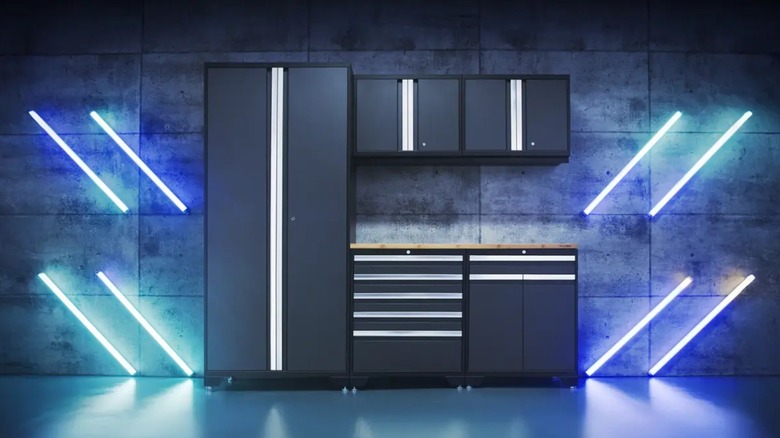 NewAge Products garage storage set up with LED bar lights