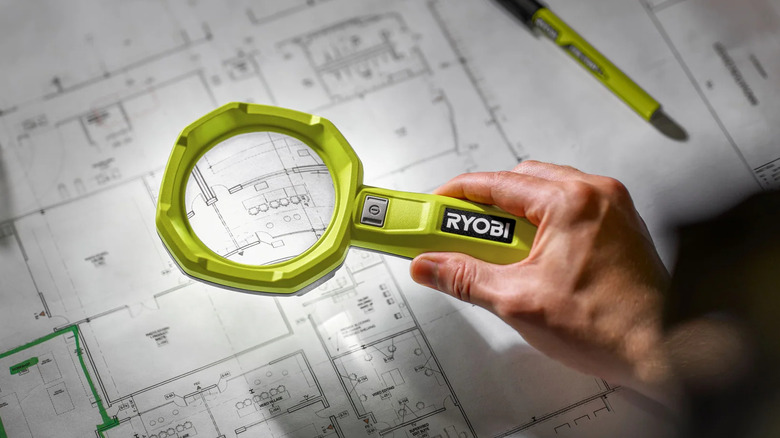 Ryobi USB Lithium Magnifying Light used on construction plans