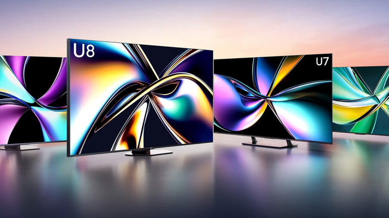 Four HiSense TV monitors all lined up side-by-side.