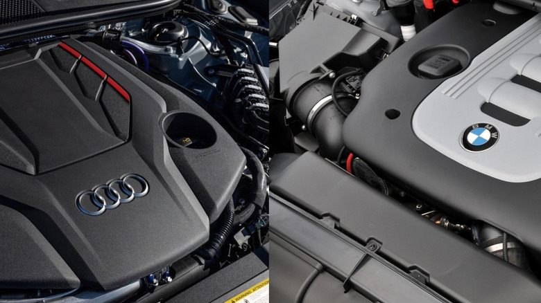 Comparison of the engine bays of an Audi 3.0-liter V6 engine on the left, and a BMW M57 engine on the right