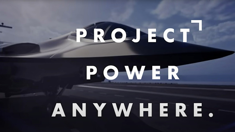 Northrop Grumman F/A-XX mockup with "Project Power Anywhere" text overlaid on top
