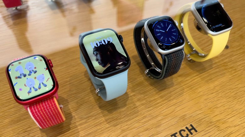 row of Apple Watches