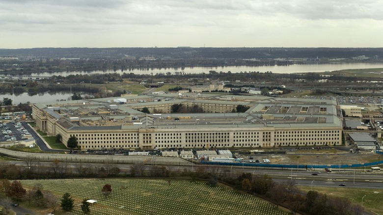 The Pentagon, headquarters of the Department of War, with its perimeter fence.
