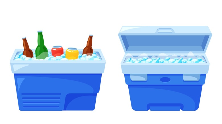 Illustration of two blue coolers, both filled with ice, one with drinks and lidless, the other lidded with no drinks