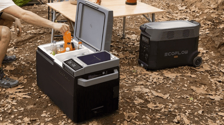 EcoFlow portable power station powering portable refrigerator in camping
