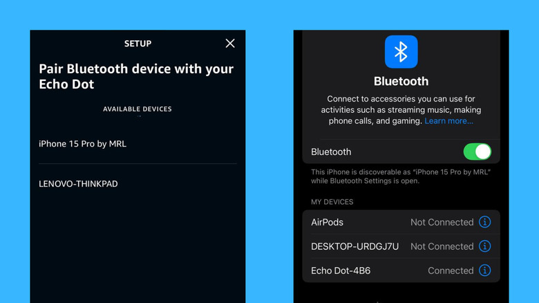 Alexa app showing available Bluetooth devices for Echo