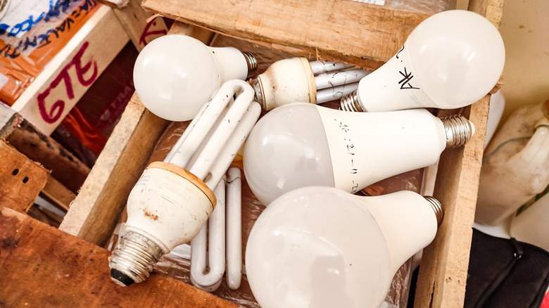 A box full of old light bulbs.