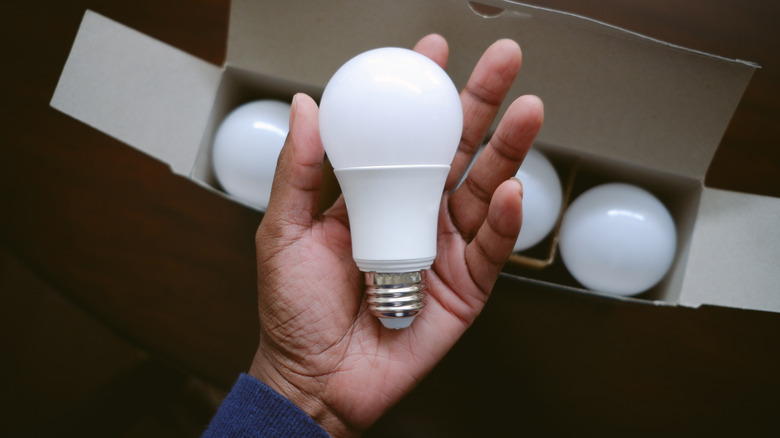 High angle view of unrecognizable black woman holding new LED light bulb