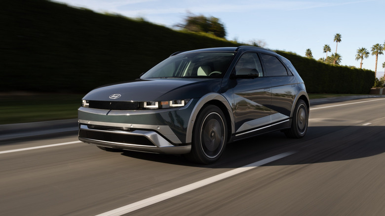 The 2025 Hyundai Ioniq travelling on an asphalt road