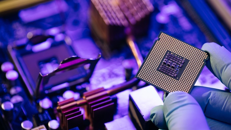 gloved fingers holding CPU