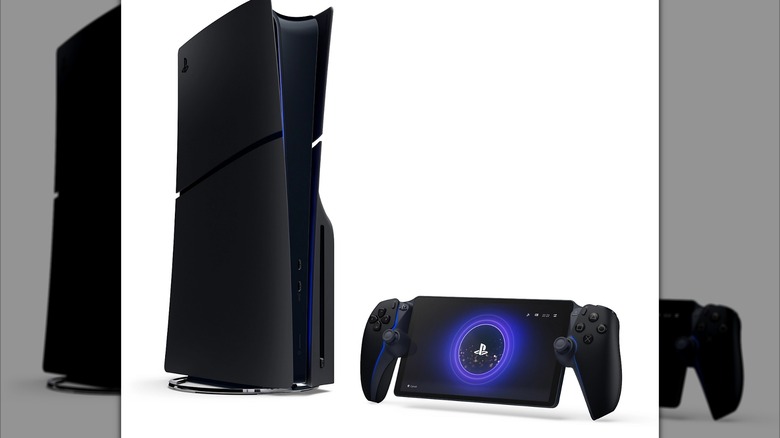 A black PS5 next to a black PS Portal