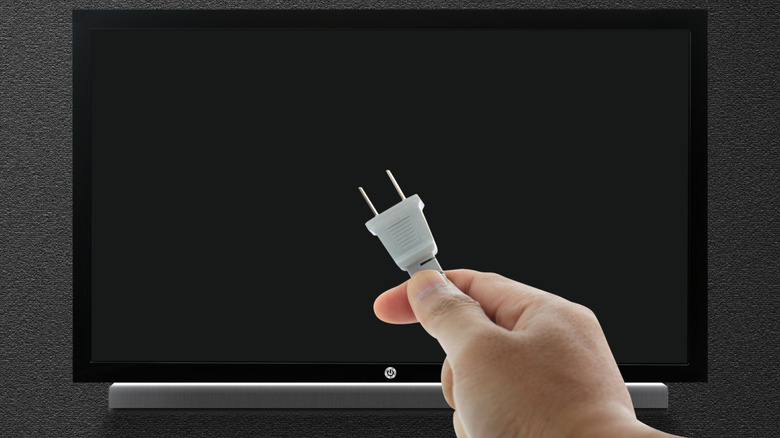 Hand holding plug in front of a TV