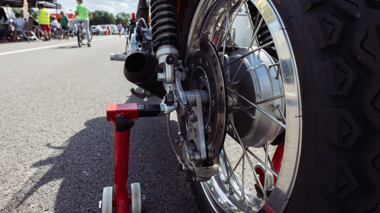 Close-up of a wheel on a motorcycle
