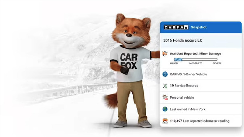 Car Fox mascot with a Carfax snapshot report