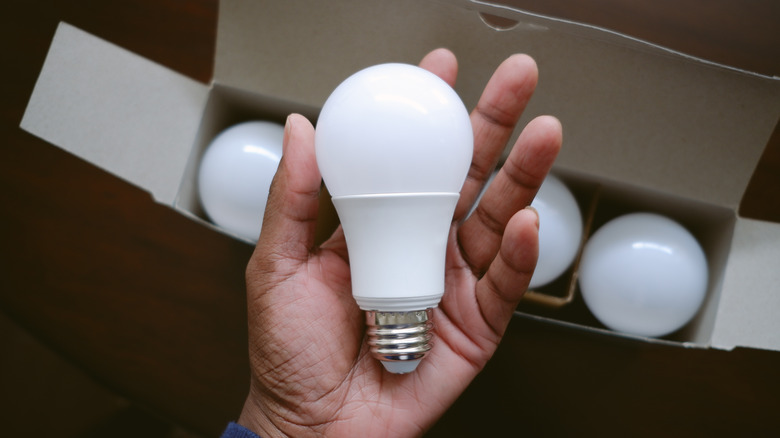 A person holding an LED lightbulb.