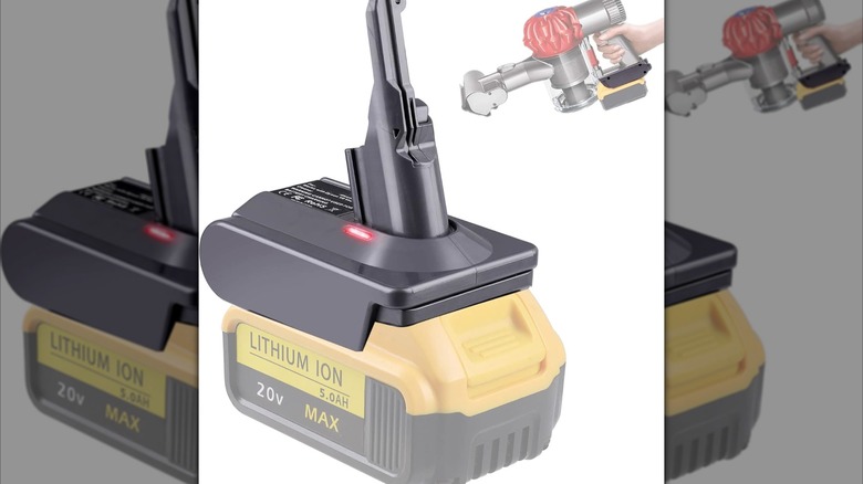 A third-party adapter for Dyson vacuums attached to a DeWalt battery pack