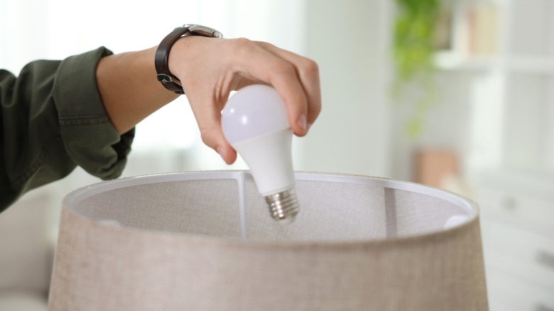 Person putting new light bulb in a lamp