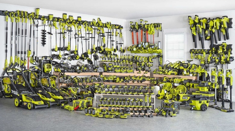 Ryobi tools lined up in garage