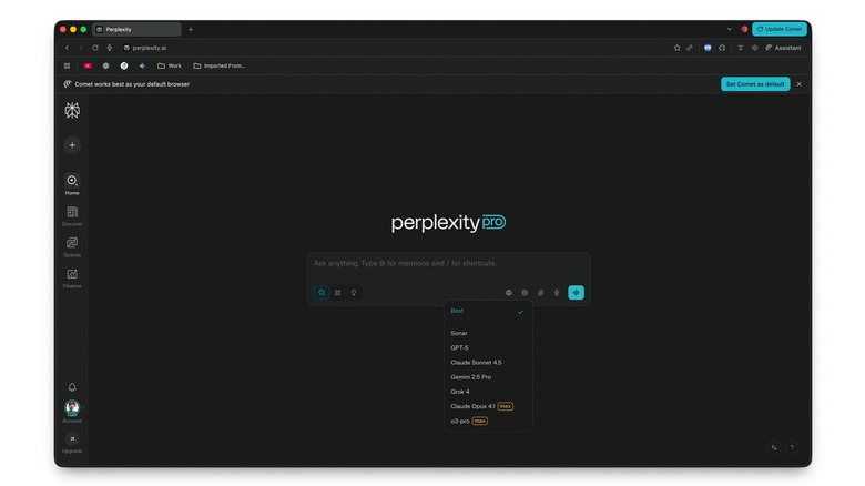 Perplexity Comet browser with different AI models