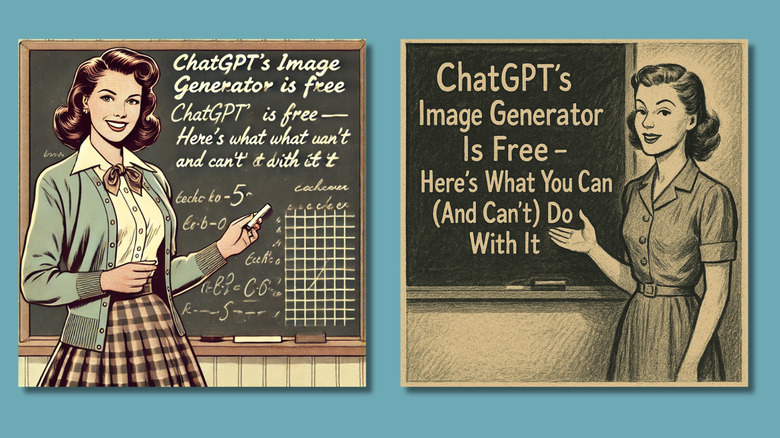Two AI generated images of a woman standing by a blackboard, produced to look like 1950s book illustrations. The one on the left is produced by DALLE-E and the one on the right is produced by ChatGPT 4.0. Only the right-hand image has successfully included the name of this article: "ChatGPT's Image Generator Is Free - Here's What You Can (And Can't) Do With It". The DALL-E image contains many of the words but there are duplications, missed words, and garbled letters.