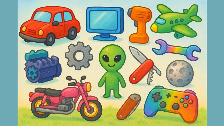 An AI-generated image showing items including a car, airplane, drill, alien, car engine, swiss army knife, motorcycle, car engine and gear, produced in the syle of a children's book illustration.