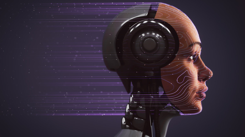 Side view of a digital render of a humanoid robots with neon lines flowing off it.