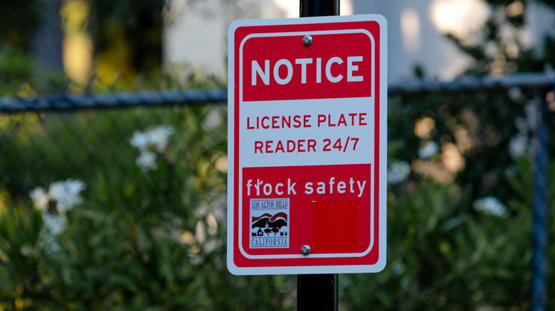 sign for Automatic License Plate Reader (ALPR) system by Flock Safety operating in Los Altos Hills, CA