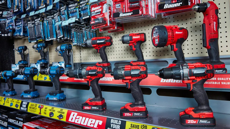 Red and blue power tools on display at Harbor Freight