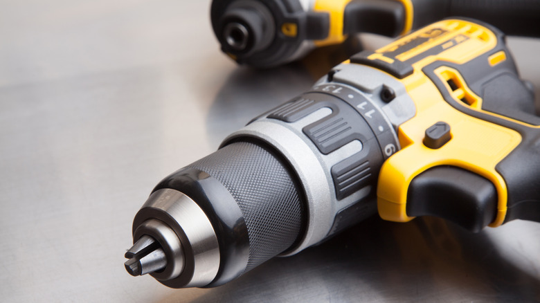 Close-up view of a DeWalt cordless driver drill chuck
