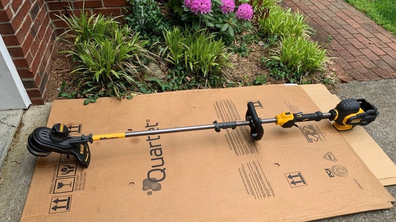 A close up of a DeWalt string trimmer on a carton box