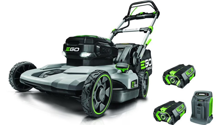 A close up of Ego Self Propelled Lawn Mower, Rechargeable Battery, Dual Port Cordless Kit