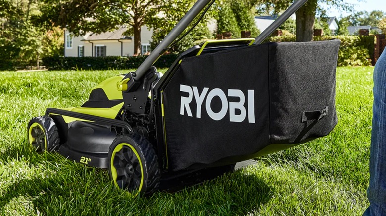 The catcher bag on a 40V Ryobi lawn mower.