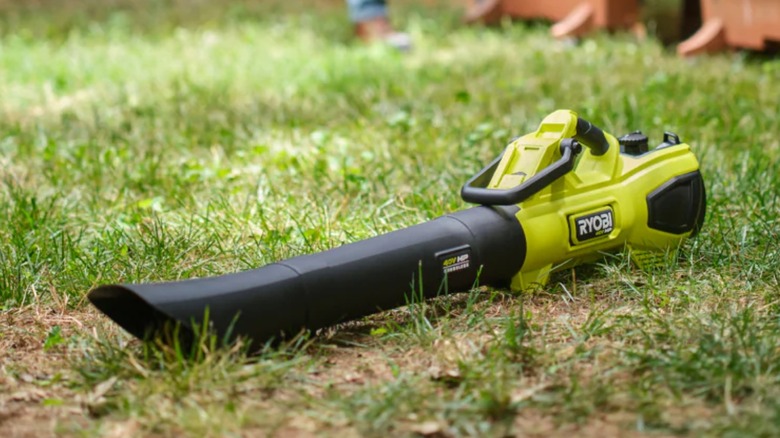 A 40V Ryobi blower and vacuum on the ground.