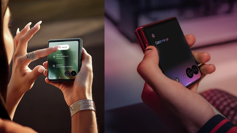 Two pictures of two people chatting with the Motorla Razr Ultra