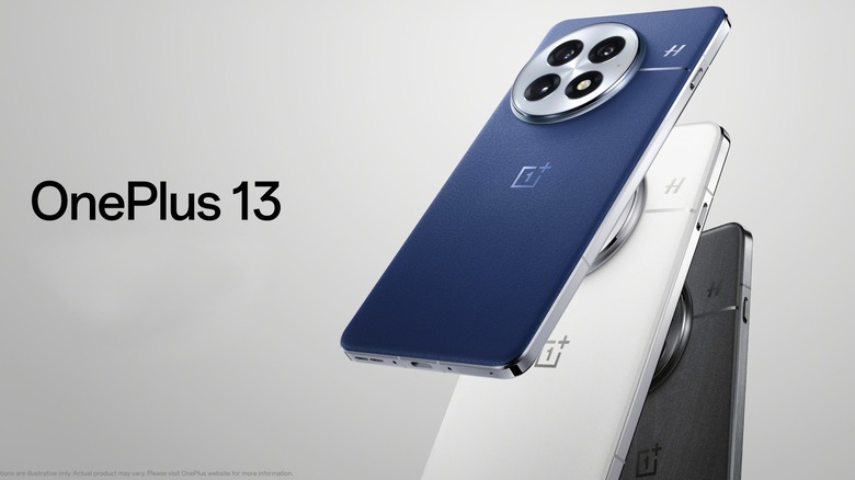 A blue oneplus 13 on top of a white and a black version
