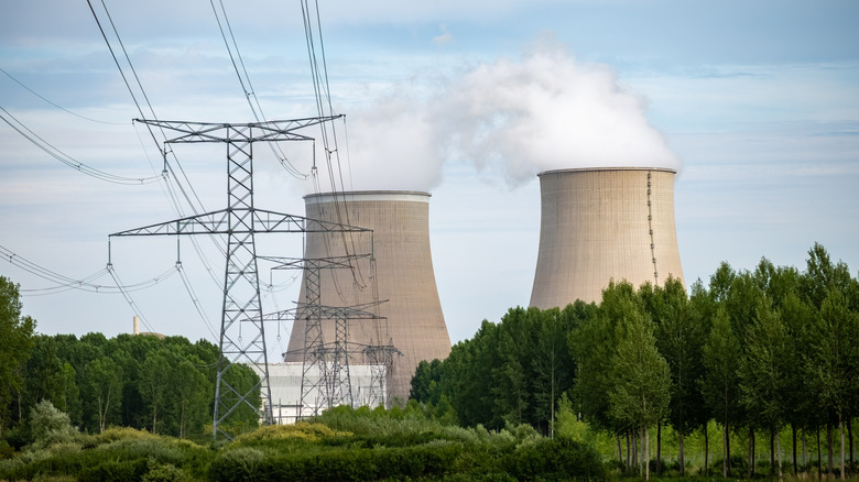 An exterior view of the cooling towers of a nuclear power plant.