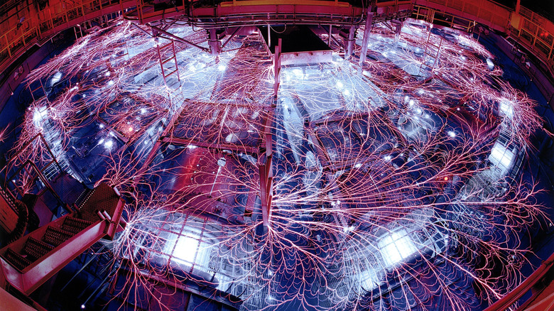 A pulsed power facility showing electrical discharge from a "Z Pulsed Power Accelerator"