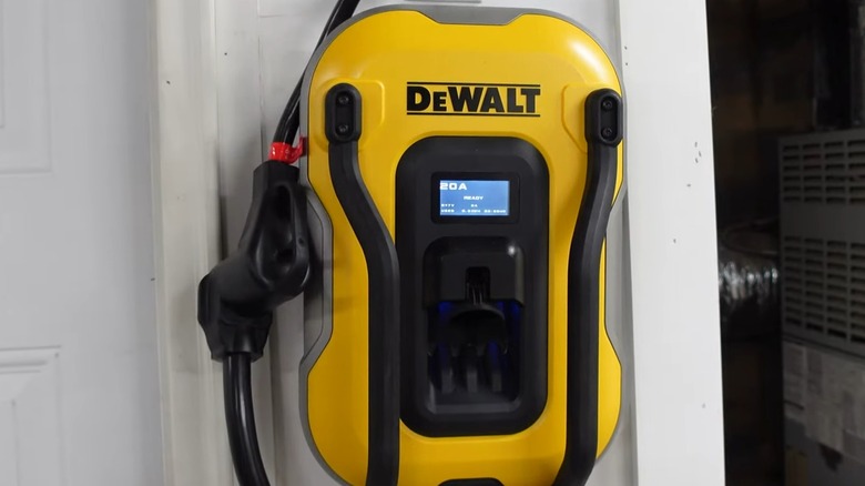 A DeWalt EV charger mounted in a house.