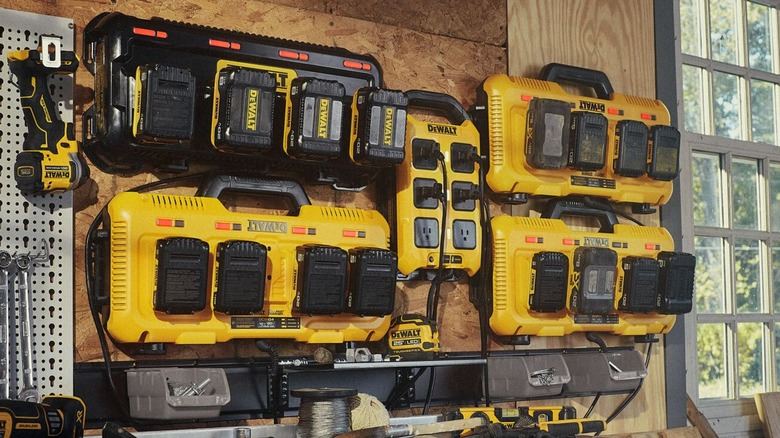 DeWalt battery chargers attached to a power controller.