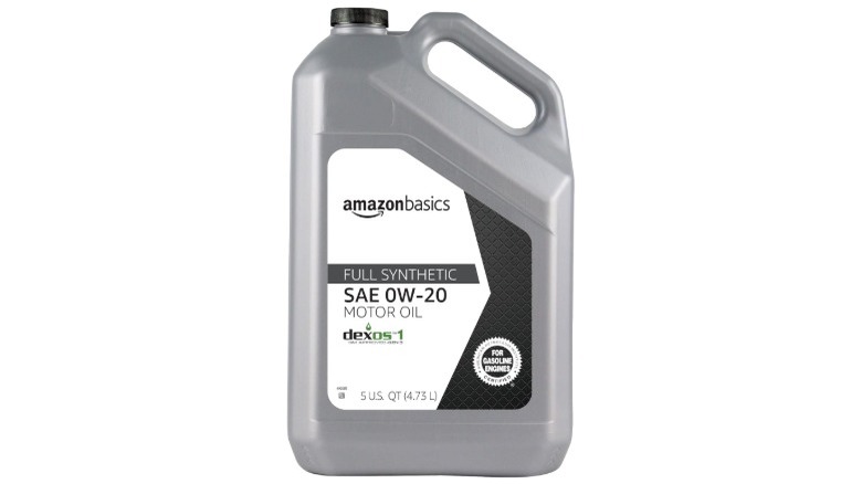 A stock image of Amazon Basics motor oil on a white background