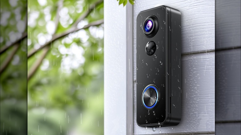 XTU's J9 Plus video doorbell mounted outside in the rain.
