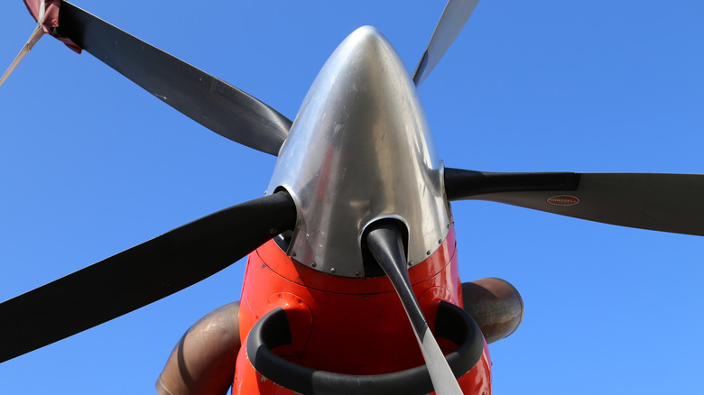 Close-up underside view of turboprop propeller