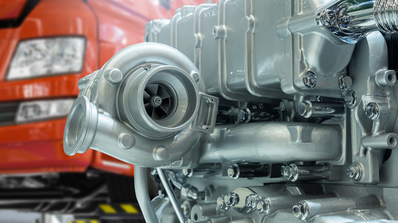 Close-up of diesel engine turbocharger