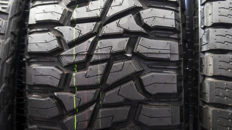 A closeup of the tread on all-terrain tires
