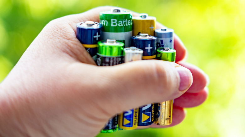 Hand holding multiple household batteries