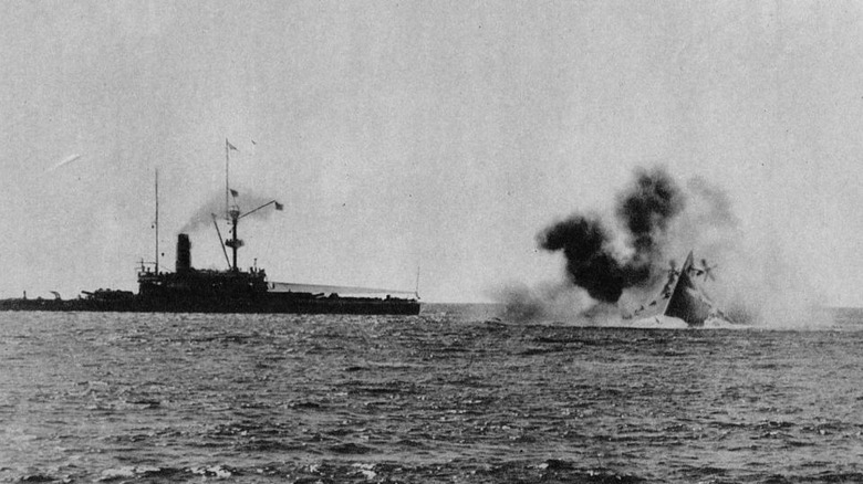 HMS Victoria sinking after collision with HMS Camperdown during exercises in the Mediterranean.