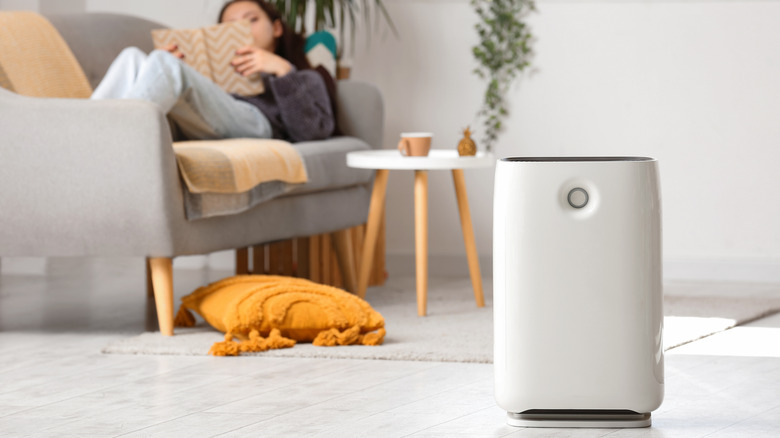 Woman reading on couch with air purifier on floor