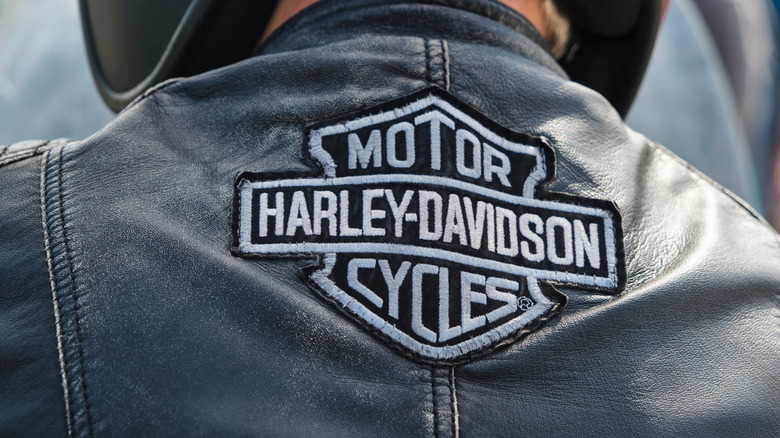 Harley-Davidson motorcycle patch on back of leather jacket